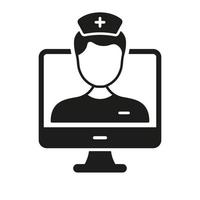 médico en línea consulta cantar. vídeo médico Servicio silueta icono. remoto virtual médico hombre glifo pictograma. telemedicina cuidado de la salud símbolo. aislado vector ilustración.