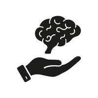 Human Brain in Side View with Hand Silhouette Icon. Neurology, Psychology Pictogram. Education, Logic, Knowledge, Memory, Mind Concept Glyph Icon. Isolated Vector Illustration.