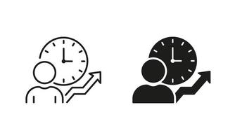 Time Management Silhouette and Line Icon Set. Efficiency, Productivity Clock Control Pictogram. Optimization Process. Time Schedule for Business Project. Editable Stroke. Isolated Vector Illustration.