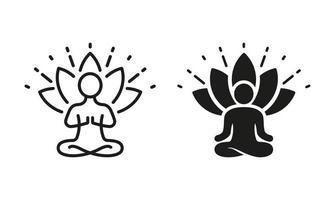 persona en actitud loto, yoga silueta y línea icono colocar. espiritual energía meditación relajarse pictograma. meditar relajación asana ejercicio. zen bienestar. editable ataque. aislado vector ilustración.