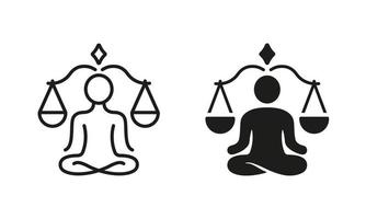 Yoga, Balance, Relax Silhouette and Line Icon Set. Figure Man in Pose Lotus. Spiritual Zen Person in Pose Lotus and Scales Pictogram. Wellness. Health and Mind. Editable Stroke. Vector Illustration.