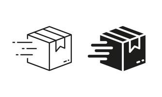 Parcel Box Fast Delivery Service Silhouette and Line Icon Set. Speed Deliver Cube Package Pictogram. Post Company Quick Express Delivery Package Sign. Editable Stroke. Isolated Vector Illustration.