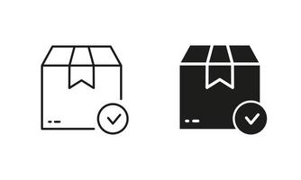 Check Carton Parcel Box Silhouette and Line Icon Set. Delivery Safe Cardboard Package Pictogram. Approved Checkmark, Quality Goods in Container Sign. Editable Stroke. Isolated Vector Illustration.