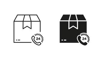 Shipping Parcel Box Around the Clock Silhouette and Line Icon Set. Fast Delivery Service 24 Hours 7 Days Pictogram. Transportation Order 24-7 Sign. Editable Stroke. Isolated Vector Illustration.