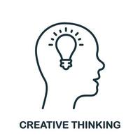 Creative Thinking Line Icon. Lightbulb in Human Head Linear Pictogram. Innovation Science Idea Outline Sign. Intellectual Mind Process Symbol. Editable Stroke. Isolated Vector Illustration.