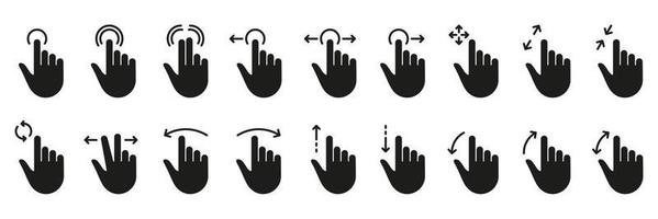 Pointer Gesture Slide Left and Right Black Solid Pictogram. Hand Finger Touch, Swipe and Drag Silhouette Icon Set. Pinch Screen, Rotate Up Down on Screen Glyph Icons. Isolated Vector Illustration.