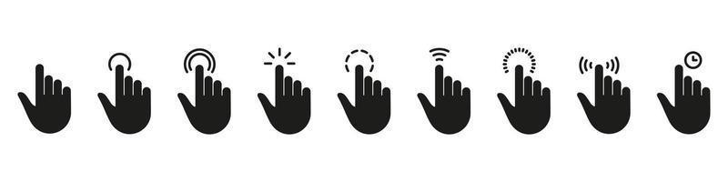 Hand Finger Touch, Swipe, Click, Press and Tap Silhouette Icon Set. Gesture Slide Left and Right Black Solid Icon. Double Click and Tap Glyph Sign. Isolated Vector Illustration.