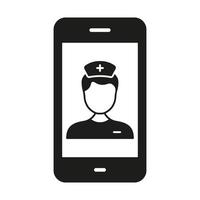 Medicals Service in Smartphone Glyph Icon. Healthcare in Mobile Phone Silhouette Symbol. Physician Online Consultation. Remote Virtual Doctor Man Pictogram. Isolated Vector Illustration.