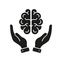 Human Brain in Areal View with Hands Silhouette Icon. Neurology, Psychology Pictogram. Education, Logic, Analysis, Memory, Mind Concept Glyph Icon. Isolated Vector Illustration.