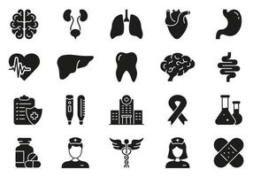 Medicals and Healthcare Silhouette Icon Set. Emergency Health Care Glyph Pictogram. Human Internal Organs Icon. Pharmacy Medical Clinic Symbol. First Aid Equipment. Isolated Vector Illustration.