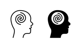 hipnosis psicología silueta y línea icono colocar. mente espiral redondo pictograma. creativo cerebro imaginación bienestar icono. mental remolino caos en hombre cabeza. editable ataque. aislado vector ilustración.