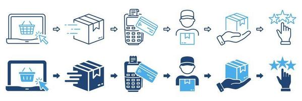 Steps of Delivery Process Silhouette and Line Icon Set. Purchase Guide Blue Pictogram. Order on Computer, Package Shipping, Payment, Rating Icon. Editable Stroke. Isolated Vector Illustration.