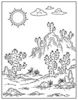 hand drawing desert cactus landscape coloring page for kid vector