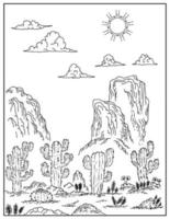 hand drawing desert cactus landscape coloring page for kid vector