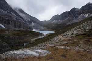 alto actitud estanque con hermosa colores rodeado por majestuoso montañas foto