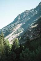 majestuoso montañas en el Alpes cubierto con arboles y nubes foto