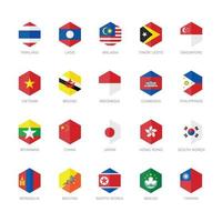 East Asia and South East Asia Flag Icons. Hexagon Flat Design. vector