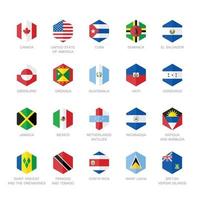 norte America y caribe bandera iconos hexágono plano diseño. vector