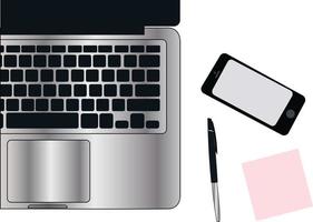 flatlay background desktop table with laptop, paper, phone and a pencil vector