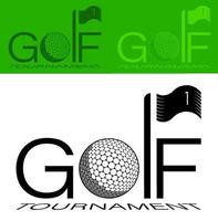 Tournament emblem. Sports golf ball and flag on background of inscription GOLF TOURNAMENT. Vector