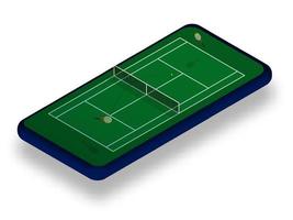 sports tennis court with rackets and ball on smartphone screen. Online games, modern technologies in sports and entertainment industry. Ismetric vector