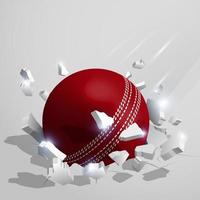 sport red cricket ball crashed into the ground at high speed and breaks into shards, cracks after perfect hit. Inflicting heavy damage. Vector