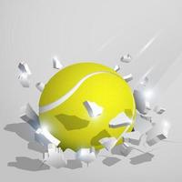 sport tennis ball crashed into the ground at high speed and breaks into shards, cracks. Inflicting heavy damage. Vector