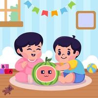 Cute Babies Playing with Watermelon Doll vector