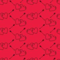 Vector pattern with hearts and arrows. Hearts and arrows on a red background. Vector seamless pattern.