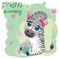 Striped zebra in a wreath of flowers, with a bouquet. Spring is coming vector