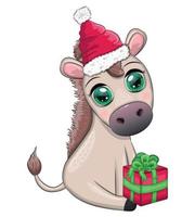 Cute donkey in santa hat with balloon, gift, candy kane, ice skating and winter sports. Postcard for Christmas and New Year. vector