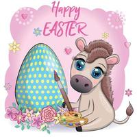 Cute donkey with an easter egg. Easter character and postcard vector