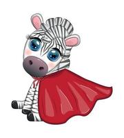 Striped zebra in a red coat. super hero child character vector