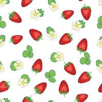 Seamless pattern with strawberries, berries and flowers. Sweet food repeat fabric background. organic fruits vector