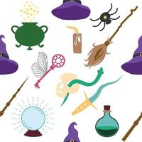 Magic items seamless pattern in flat style. School of Magic. Pumpkin, key, magic ball, feather, spider, purple hat, broom, skull, snake vector