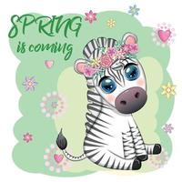 Striped zebra in a wreath of flowers, with a bouquet. Spring is coming vector