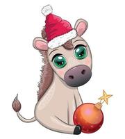 Cute donkey in santa hat with balloon, gift, candy kane, ice skating and winter sports. Postcard for Christmas and New Year. vector