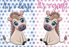 Baby shower party with cute cartoon donkey, pony boy and girl vector