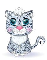 Cartoon snow leopard with expressive eyes. Wild animals, character, childish cute style. vector