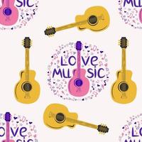 Love music seamless pattern with country guitar, music notes, treble clef, hearts, decorative elements. vector