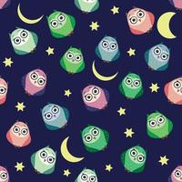 Cute multicolored owls at night with stars, clouds and moon. Seamless pattern in cartoon style, childish seamless pattern, newborn. vector