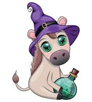 Cute donkey in purple witch hat, with broom, pumpkin, potion. Halloween card for the holiday. vector