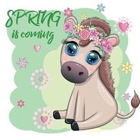 linda dibujos animados burro, poni para tarjeta postal con flores, primavera es viniendo vector