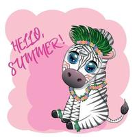 linda cebra en traje de bailarina de hula, hawaii, personaje infantil. vacaciones de verano, vacaciones vector