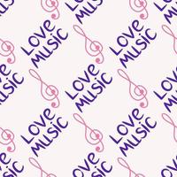 Love music seamless pattern with country guitar, music notes, treble clef, hearts, decorative elements. vector