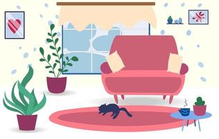 Living room interior design with sleeping cat and furniture chair, pillows, plant and table with cup. vector