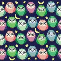 Cute multicolored owls at night with stars, clouds and moon. Seamless pattern in cartoon style, childish seamless pattern, newborn. vector