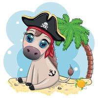 Cute pirate donkey in a cocked hat, with an eye patch. Child character, games for boy vector
