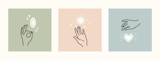 Mystical and esoteric vector cards in trendy minimal lineart style. Vector in boho style hands and mystical objects