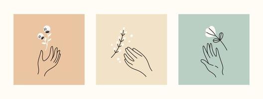 Mystical and esoteric vector cards in trendy minimal lineart style. Vector in boho style hands and mystical objects